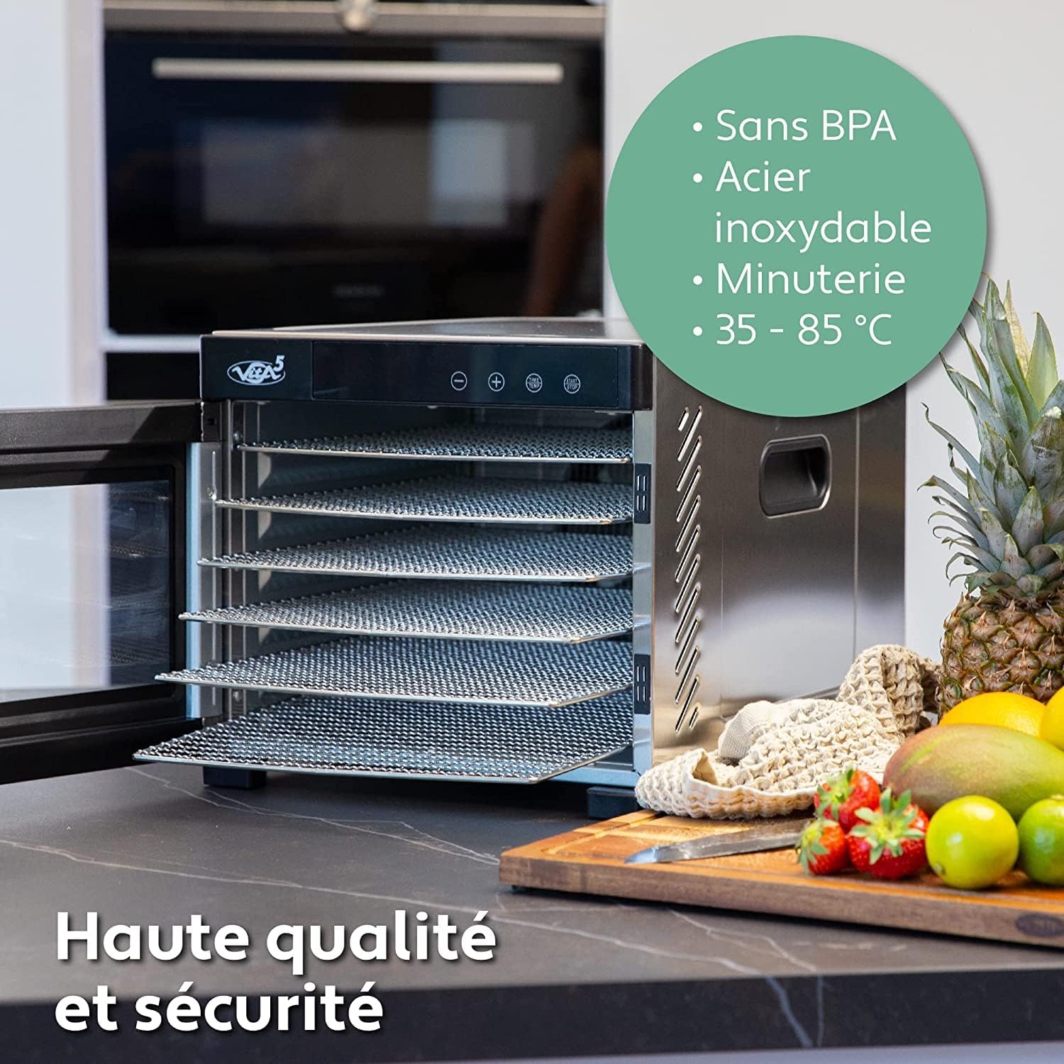 Vita5 Nobel Pro6 Deshydrateur Alimentaire avec 6 Plateaux en Inox - Déshydrateur avec Minuterie 24h et Température 35-75 °C - Deshydrateur Viande, Fruits, Champignons - 650W Déshydrateur Alimentaire