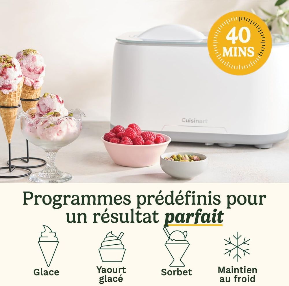 Cuisinart Sorbetière - Fait de la crème glacée, du gelato, du sorbet et du yogourt glacé en 40 minutes - Desserts maison - Facile à utiliser - Acier inoxydable - ICE100BCU