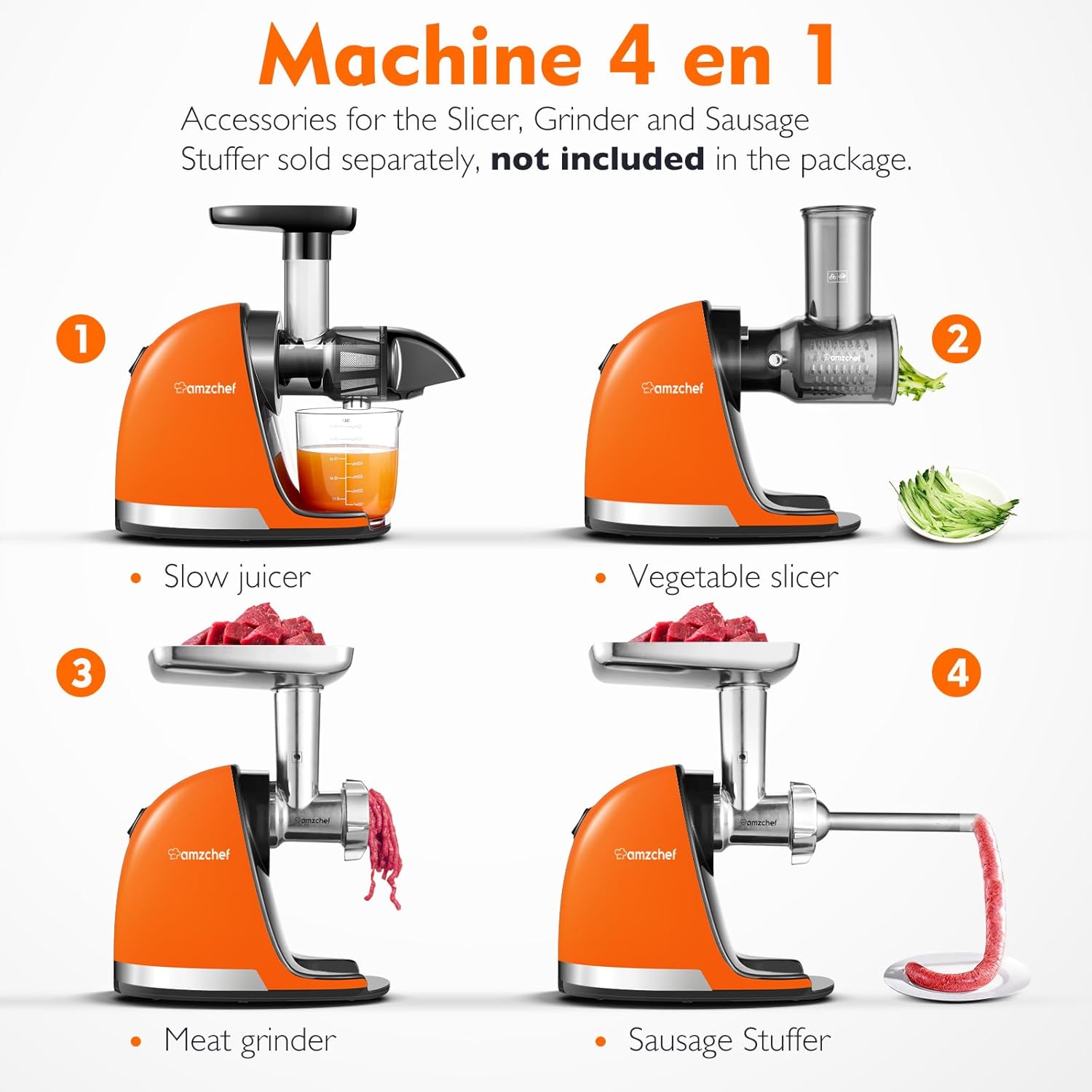 AMZCHEF Extracteur Jus - Extracteur de Jus de Fruits et Légumes - Presses-agrumes à Froid sans BPA avec 2 Tasses et Brosse - Fonction de Mastication Inversée pour Éviter les Blocages - Argent