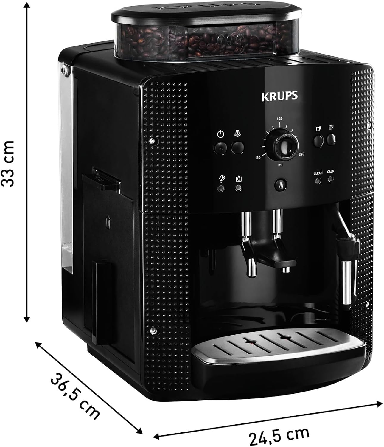 Krups Coffee Bean Machine, 1.7 L, 2 Cups Simultaneously, Automatic Cleaning, Steam Nozzle for Cappuccino, Espresso Maker, Essential Black YY8125FD