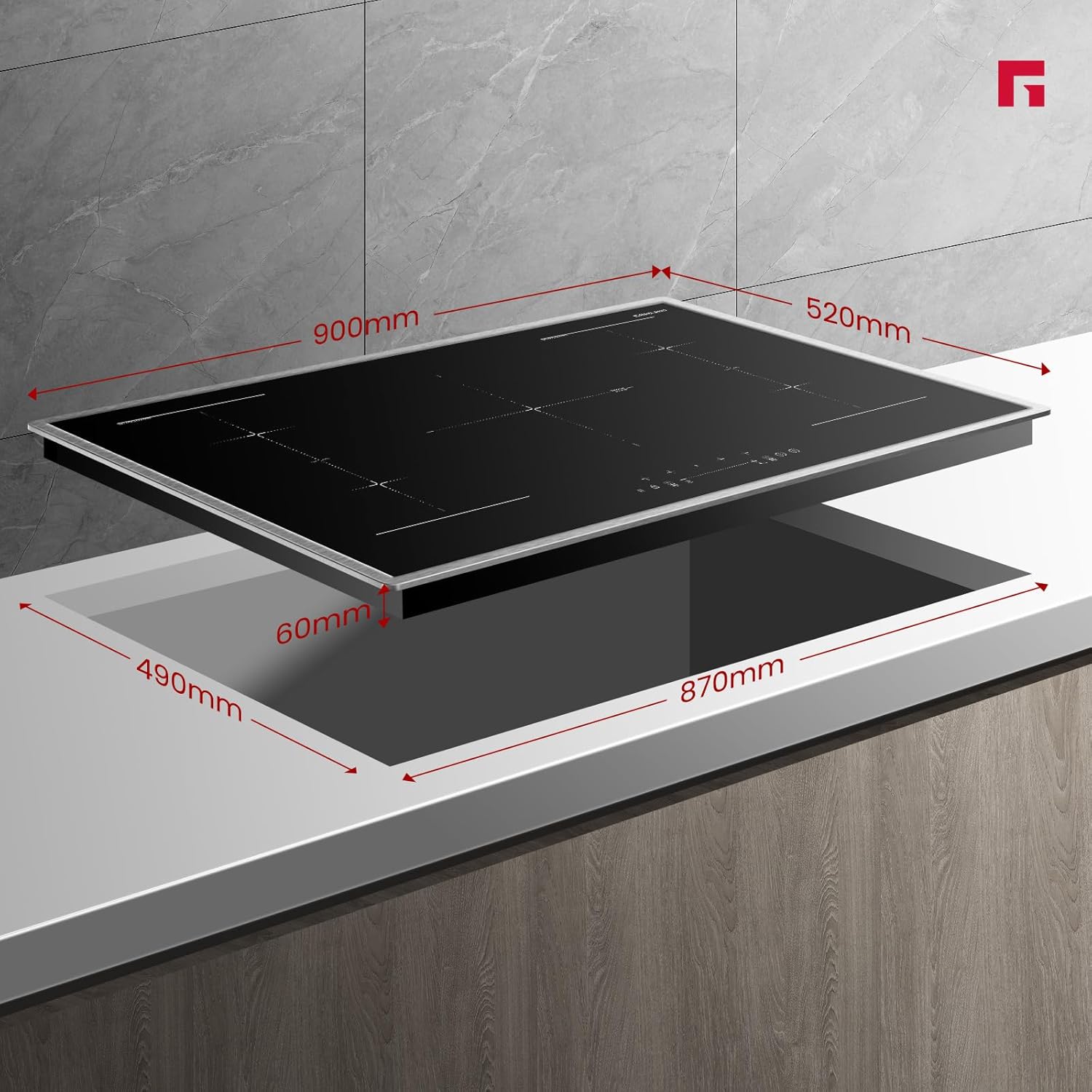 GASLAND IH905BFB Plaque de Cuisson Induction encastrable 90 cm, 5 foyers avec cadre en inox, zone spéciale BBQ, PowerBoost, 10000W (Poêle non incluse)