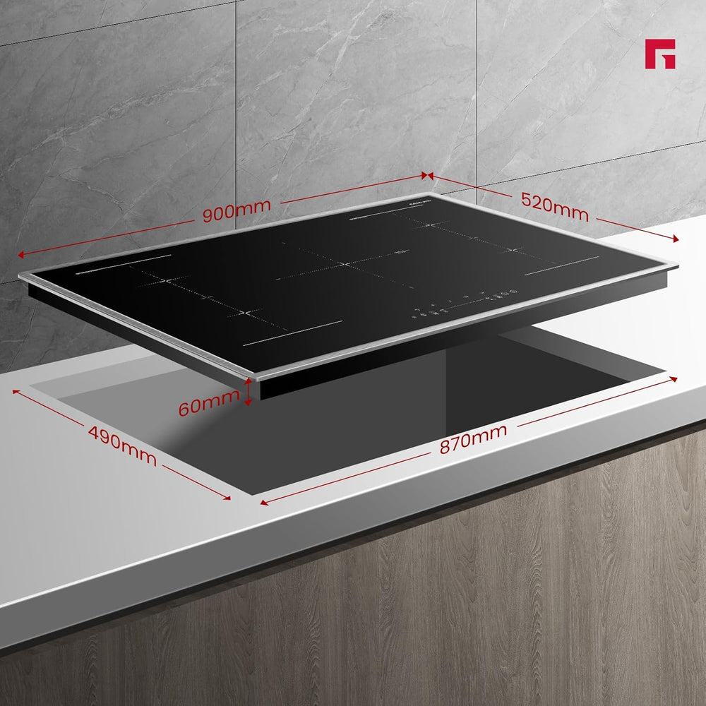 GASLAND IH905BFB Plaque de Cuisson Induction encastrable 90 cm, 5 foyers avec cadre en inox, zone spéciale BBQ, PowerBoost, 10000W (Poêle non incluse)
