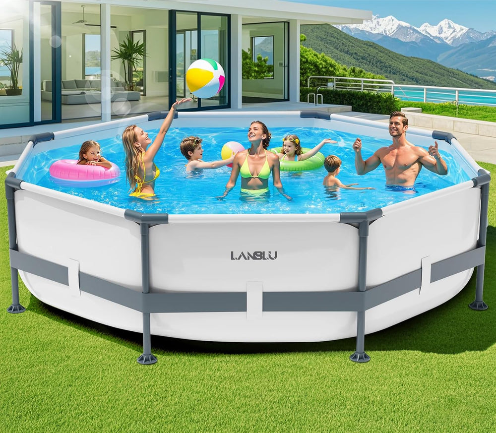 LanBlu Piscine Tubulaire Ronde 300 x 300 x 76cm, Piscine Hors Sol Ronde avec Matériau Anti-Crevaison, Grande Piscines Steel Frame Adulte Vidange Rapide, Piscines Tubulaire Jardin pour Toute la Famille