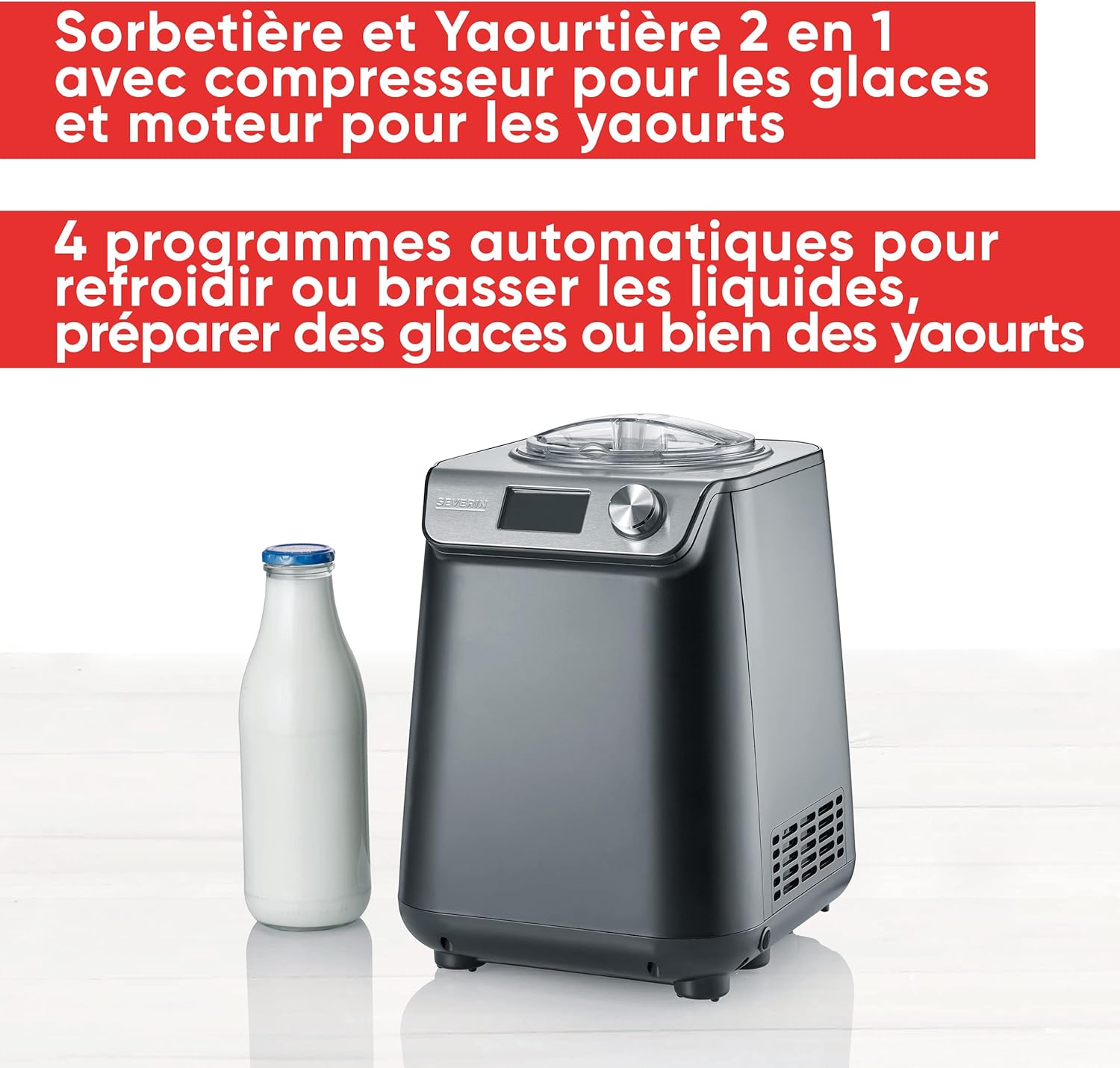 SEVERIN Sorbetière 2-en-1 Compacte 135 W, Sorbetière électrique et yaourtière d'une capacité 1,2 L, Machine à glace avec livre de recettes, noir, EZ 7407