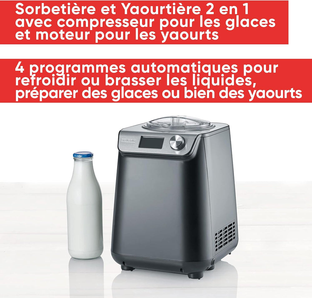 SEVERIN Sorbetière 2-en-1 Compacte 135 W, Sorbetière électrique et yaourtière d'une capacité 1,2 L, Machine à glace avec livre de recettes, noir, EZ 7407