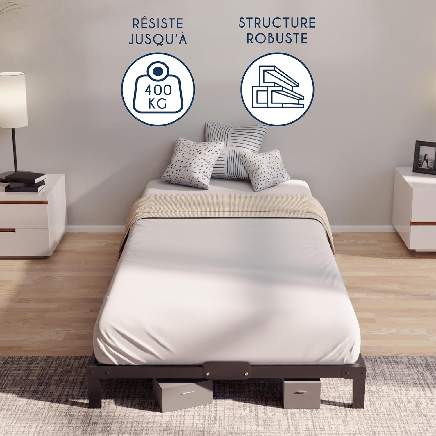 Dreamzie Cadre de Lit 160x200 avec Sommier - Sommier 160x200 avec Pieds - Hauteur de 35 cm - Structure Solide, Assemblage Facile et Espace de Rangement