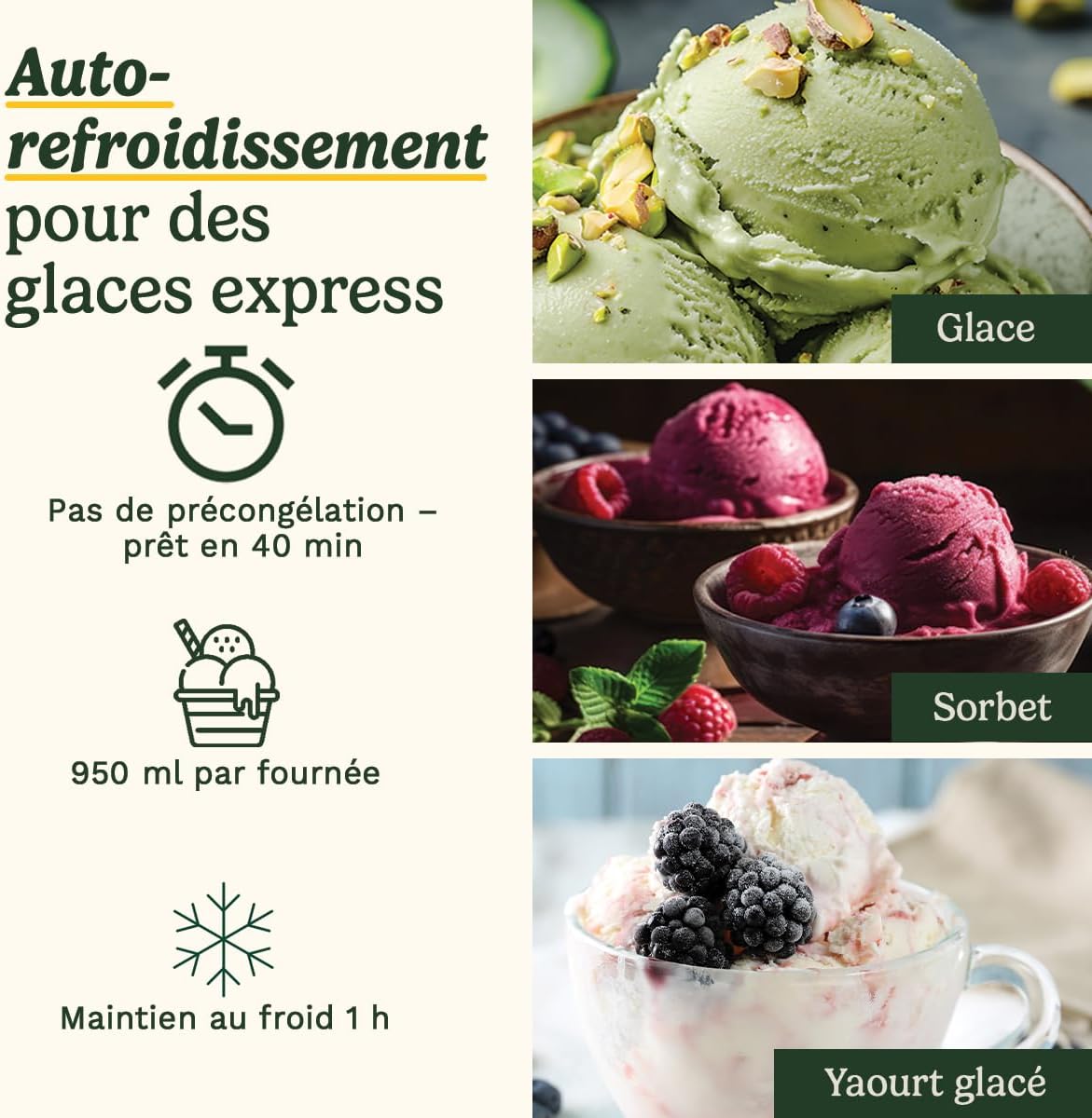 Cuisinart Sorbetière - Fait de la crème glacée, du gelato, du sorbet et du yogourt glacé en 40 minutes - Desserts maison - Facile à utiliser - Acier inoxydable - ICE100BCU
