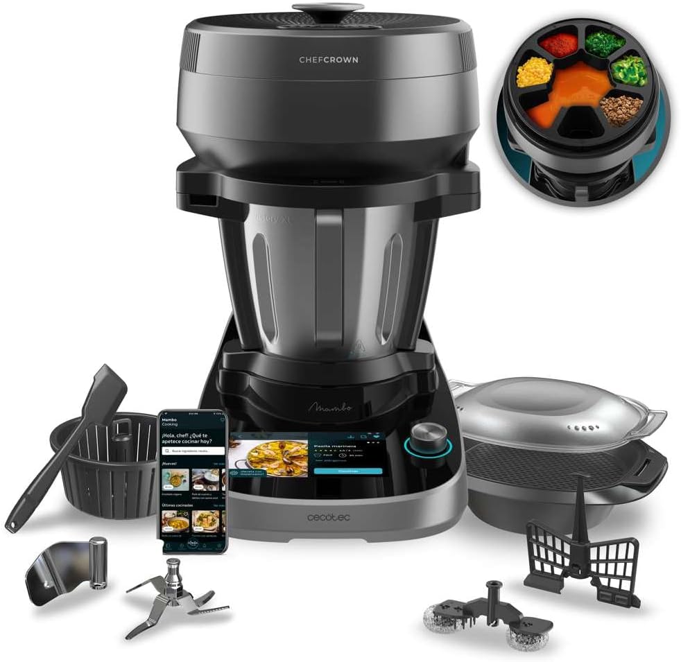 Cecotec Robot de Cuisine Mambo Black. 23 Fonctions, 10 Niveaux de Température, 1700W, 2,5 kg de Pâte, Cruche de 3,3L, 10 Vitesses, Minuterie, Température Réglable de 37 °C à 120 °C