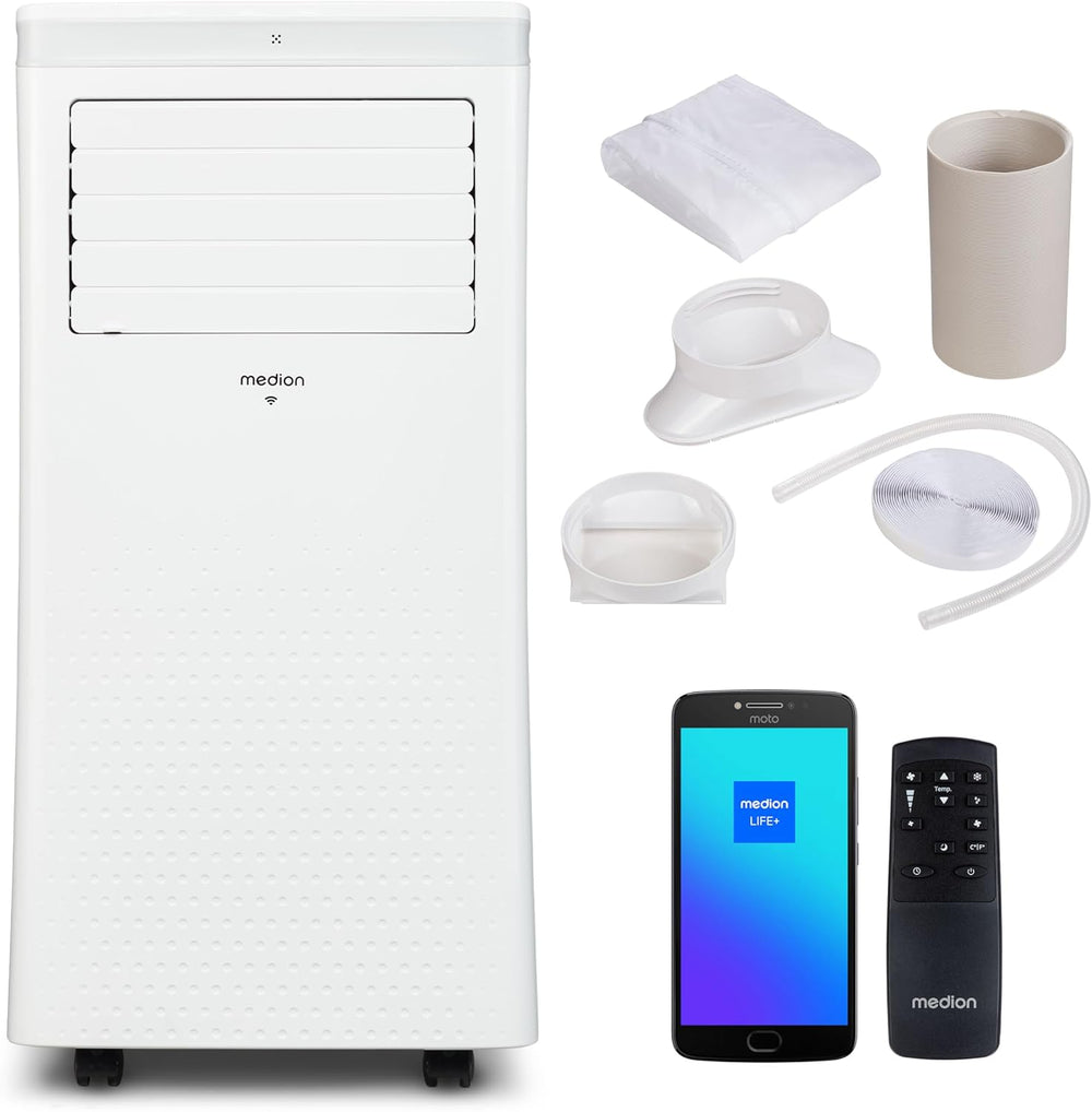 MEDION Smart Climatiseur Mobile P1002 (10000 BTU, 3-en-1, Refroidir, Déshumidification, Ventilation, jusqu'à 34m², kit de joint de fenêtre, mode sommeil, contrôle Wifi, Télécommande, Écran, MD 37733)