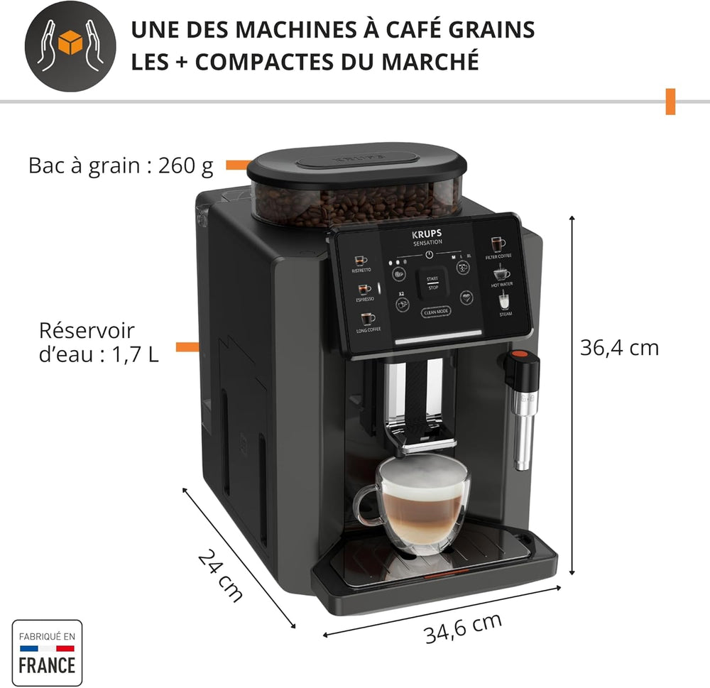 Krups Sensation C50, Machine à café grains, machine expresso, 5 boissons accès direct, Interface tactile, Facile à utiliser, Nettoyage automatique, Buse vapeur Cappuccino, Fabriqué en France EA910810