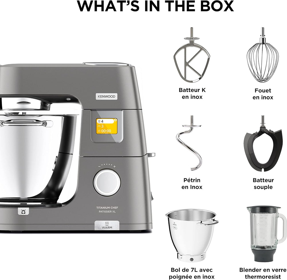 Kenwood Titanium Chef Patissier XL KWL90.034SI, Robot Patissier Balance Intégrée, Batteur K, Pétrin, Fouet, Batteur Souple, Deux Bols, Couvercle Anti-Projections, 1400W, Acier, Argent