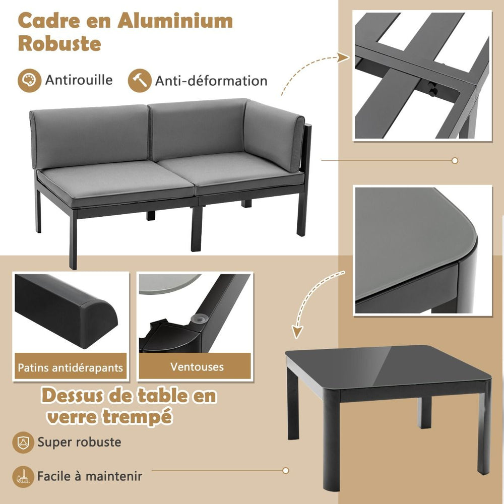 Salon de Jardin Extérieur avec Table Basse en Verre Trempé Canapéavec Dossier Inclinable à 6 Niveaux Coussins Inclus Gris