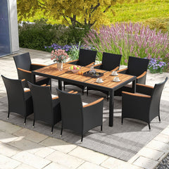 Salon de Jardin en Rotin 9 Pièces Plateau de Table en Acacia Ensemble de Salle à Manger avec Coussins Amovibles Trou Charge 180KG Beige+Noir