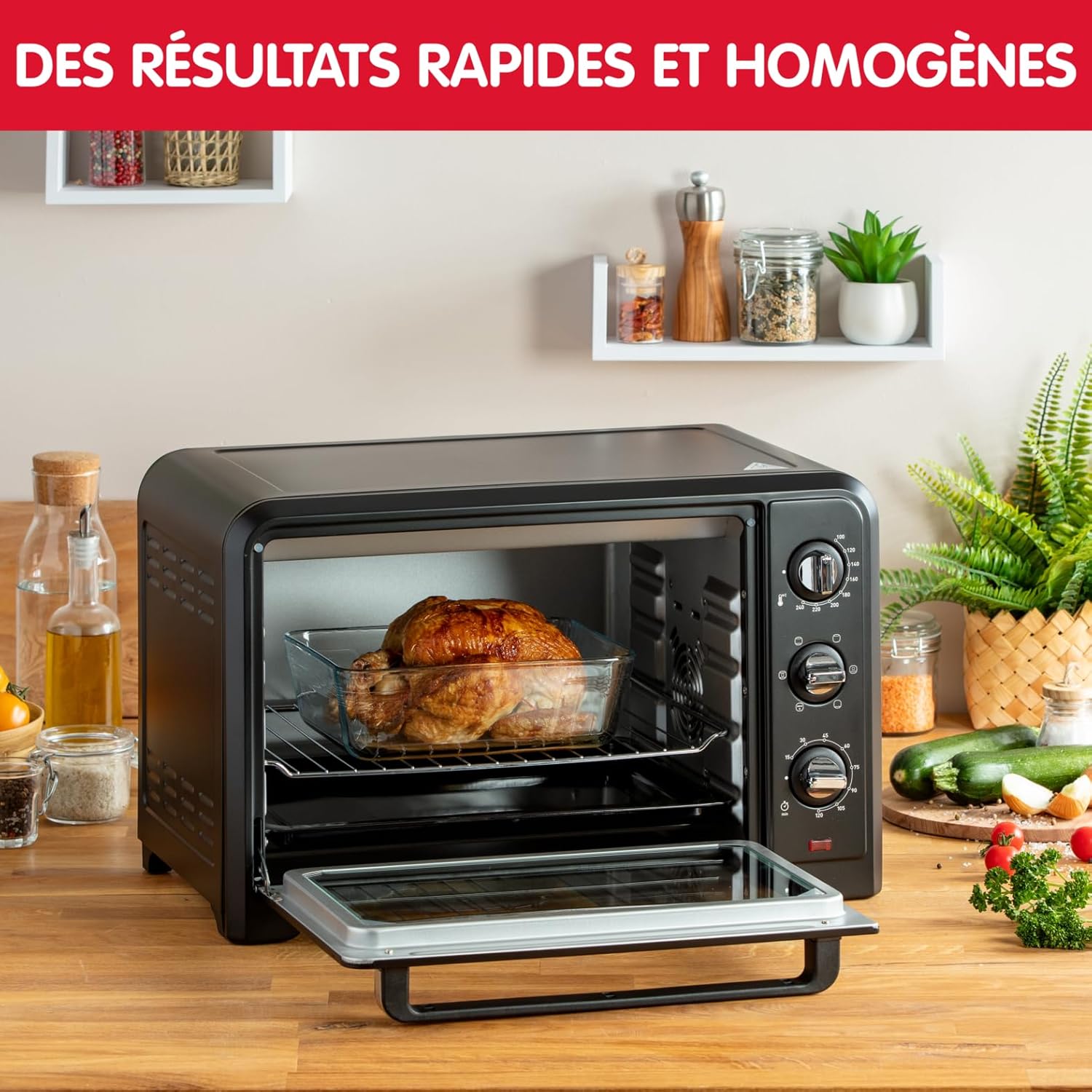 Moulinex Four électrique 39 L, 7 modes de cuisson, Chaleur tournante, Thermostat réglable jusqu’à 240° C, Tournebroche, Minuteur 120 min, Grille réversible, Optimo noir OX485810
