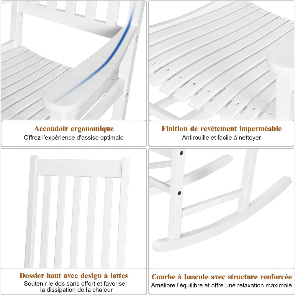 Fauteuil  Bascule en Bois d'Acacia Chaise Berante pour Jardin Pelouse Balcon Blanc -