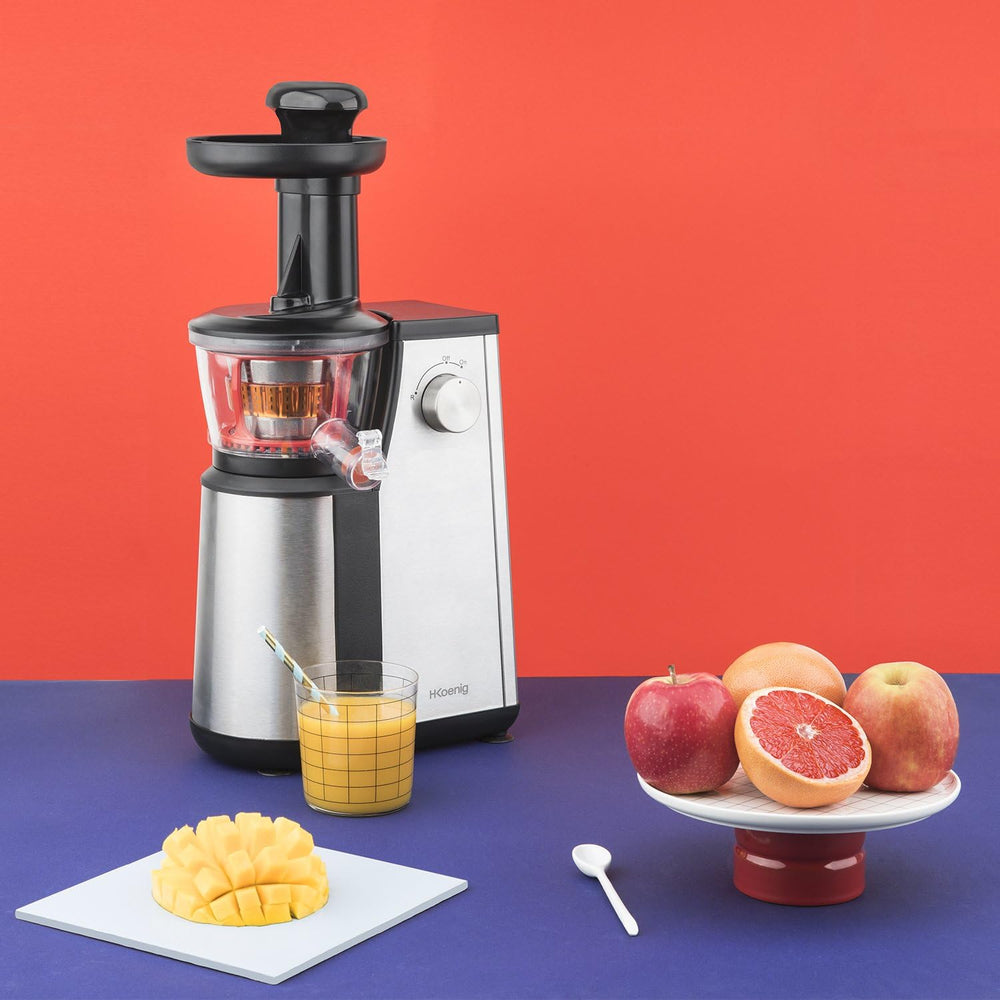 Extracteur de Jus de Fruits et Légumes vertical GSX24 H.Koenig Centrifugeuse Vitamin + sans BPA - 82 mm Large Bouche - 3 tamis pour jus fin ou épais et sorbet - Pression douce - 50 tours 400 W