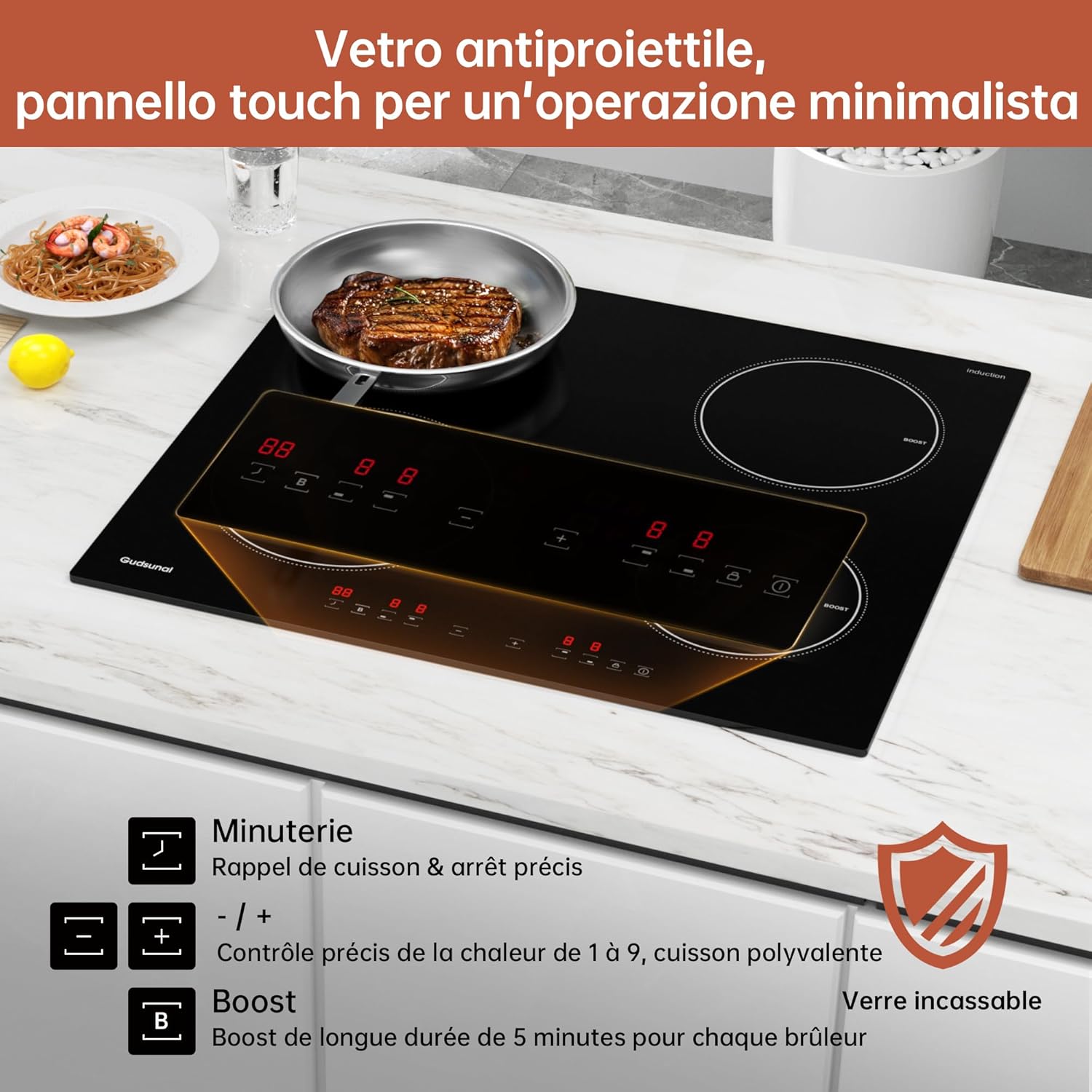 Gudsunal Plaque induction 4 feux, Table de Cuisson Encastrable,7200W, 9 niveaux de chauffage,Boost, Minuterie, Arrêt automatique, Verrouillage de sécurité enfant