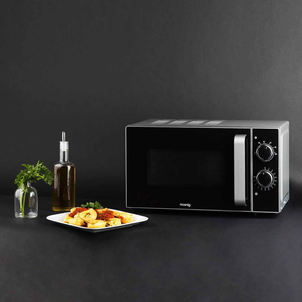 H.Koenig Four à Micro-ondes Compact Digital 20L VIO2, 700W, Plateau tournant 24,5cm, Multifonction Programmable 6 niveaux de chauffe, Décongélation et Express, Minuterie 60min, Effet mirroir noir