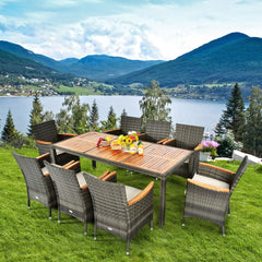 Salon de Jardin avec 1 Table et 8 Chaises en Bois et Rotin Synthétique Anti-UV Pieds Réglables et Coussins Imperméables Inclus