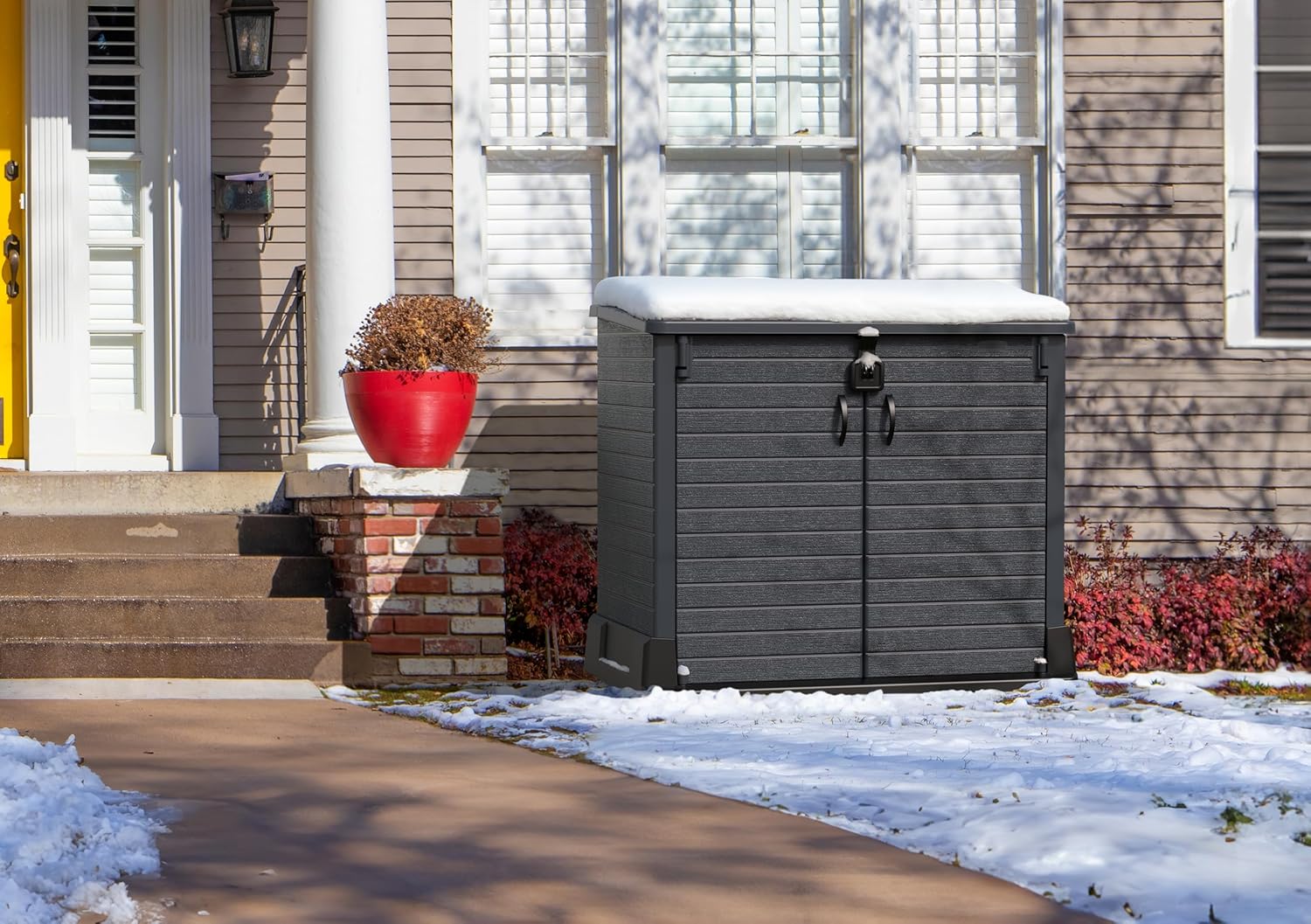 Duramax StoreAway 1200L Plastic Garden Shed/ Flat Lid, Outdoor Storage Shed, Wheelie Bin Hideaways, Wheelie bin box, Durable Construction, Ideal for Bikes, BBQs & 2x 240L Bins, 145x85x125 cm, Brown