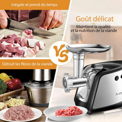 AOBOSI 4-in-1 Meat Grinder Electric Meat Grinder with 4 Stainless Steel Cutting Plates, 1 Kubbe and 3 Sausage Filling Tubes, Motor [3000w Max], Mincer with 2 Blades.