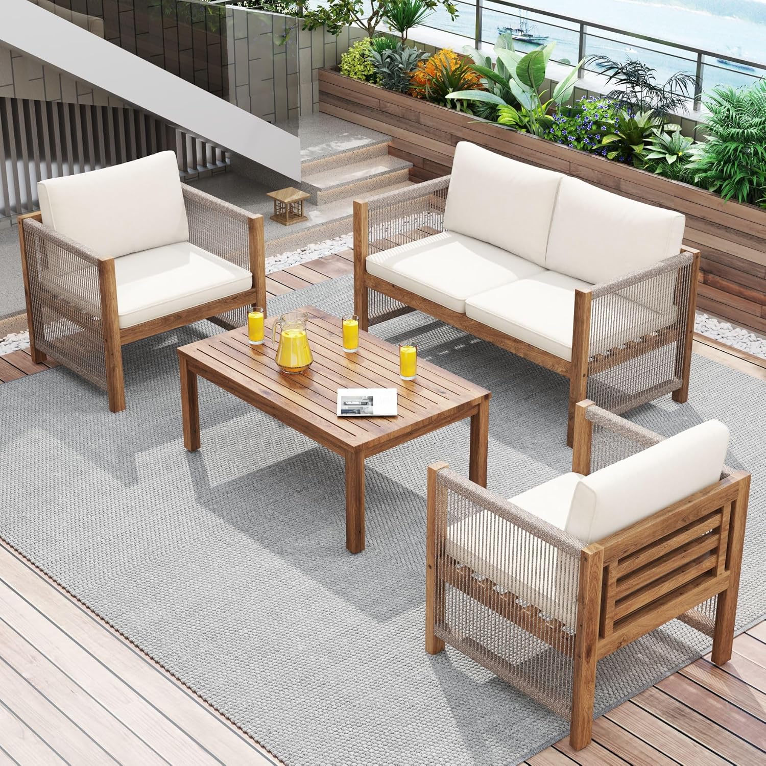 Zepneiy Salon de Jardin, Salon de Jardin 4 Personnes, avec canapé, Table Basse et Coussins, Housse en Tissu déhoussable et Lavable, Noir (Coussins d'assise Inclus)