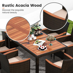 GIANTEX Salon de Jardin 6 Personnes en Rotin et Bois d'Acacia, Table de Jardin Extérieure avec 6 Chaises, Coussins, Trou de Parasol, Pieds Réglables, pour Cour, Pique-Nique, Marron