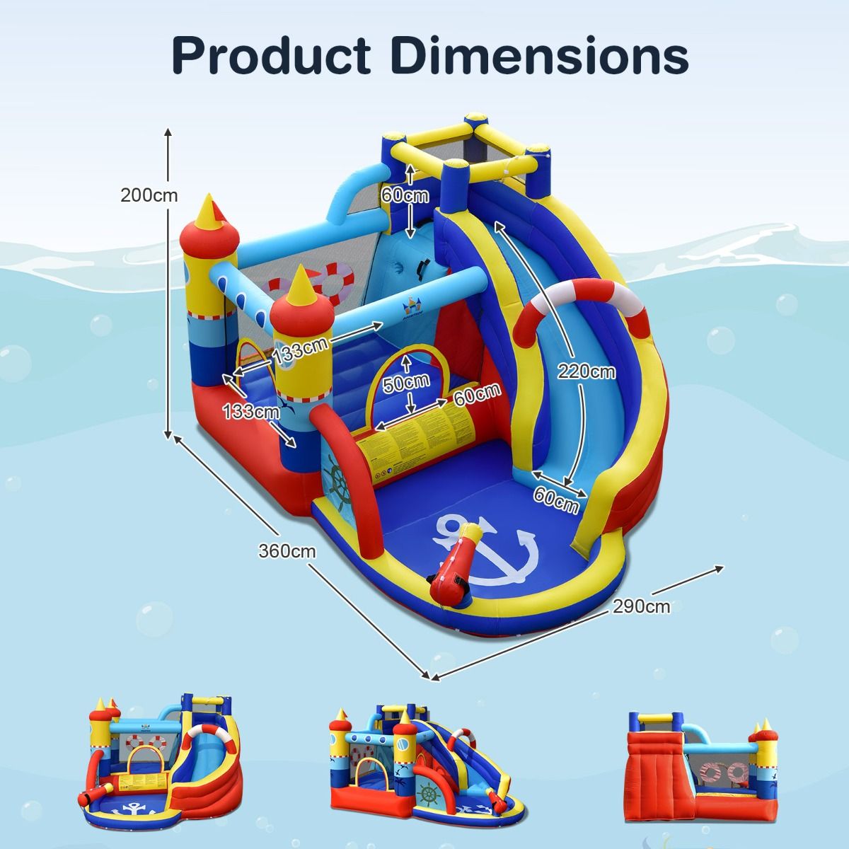 Château Gonflable Style Bateau avec Toboggan Incurvé Zone de Saut Mur d'Escalade avec Gonfleur 450 W
