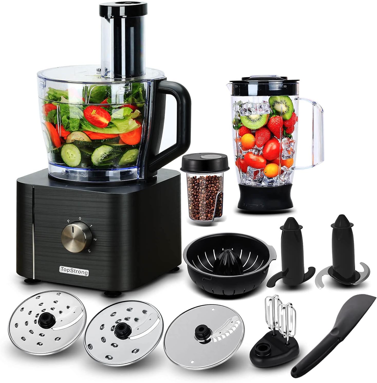 TopStrong Multifunctional Food Processor, 1100 W Multifunctional Food Processor, 11 in 1 Food Processor Included Chopper, Kneader Hook, Blender, Citrus Press and Coffee Grinder, 3.2L Bowl and 1.5L