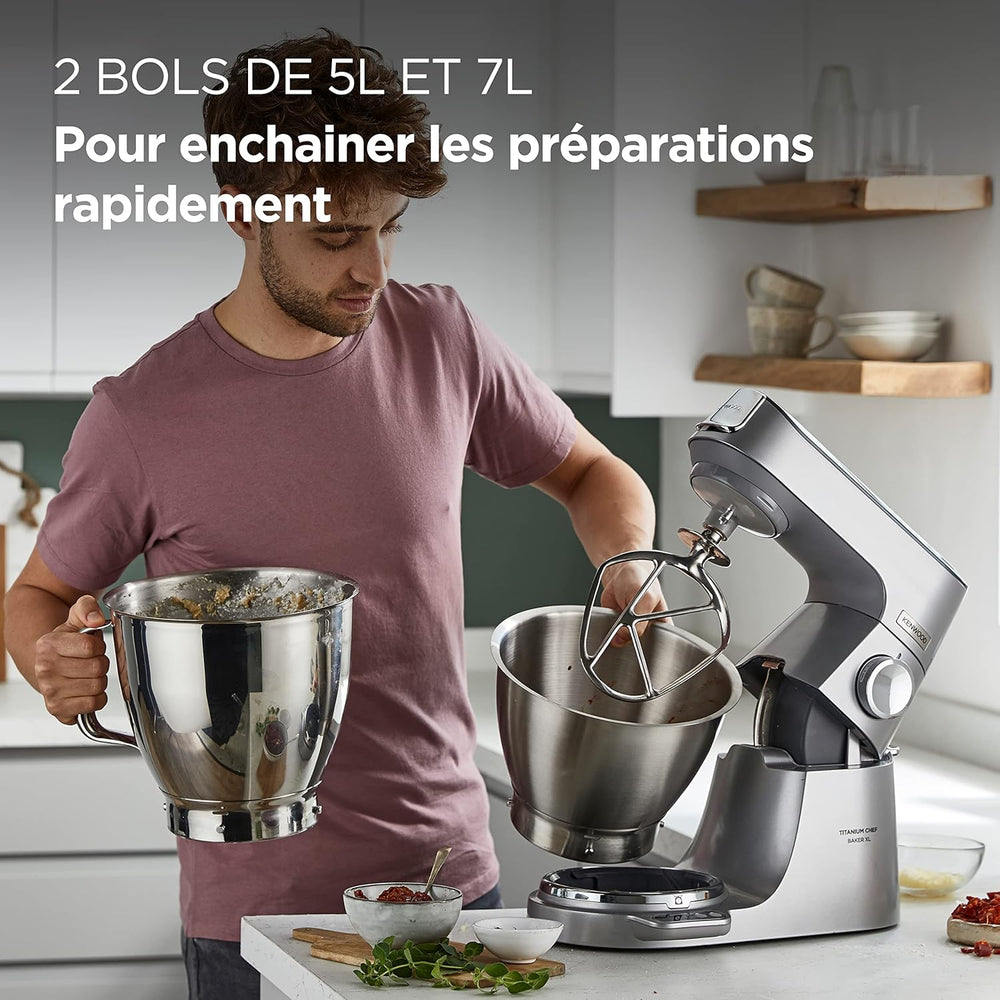 Kenwood Titanium Chef Baker KVC65.001WH, Pastry Robot with Integrated Scales, Including 3-Piece Pastry Set, Spatula & Splash Protection, 1200 W, White