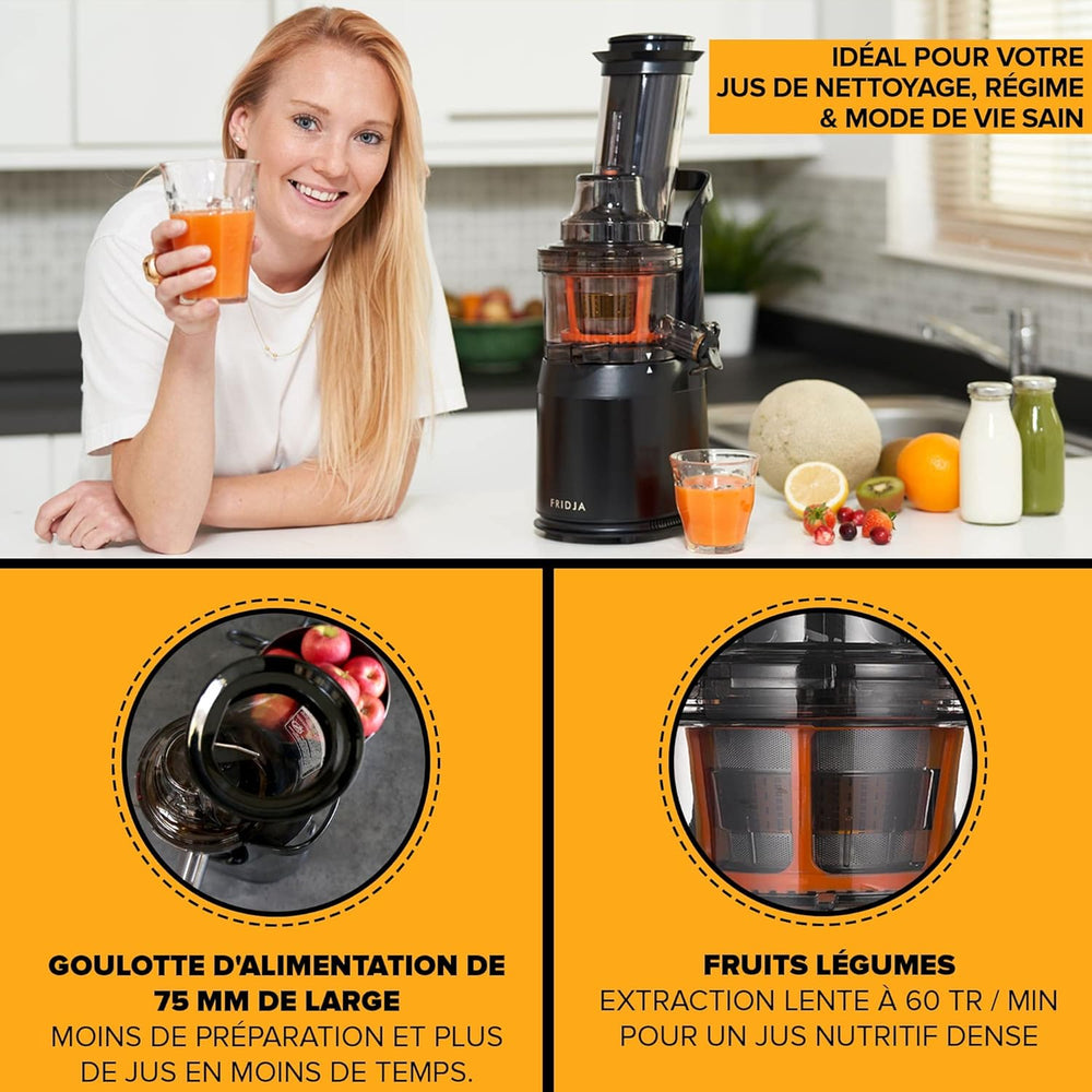 Slow Chewing, Slow Juicer, Fresh and Healthy Juice, Sorbet, Ice Cream, Mouth 75 mm, BPA Free, 240 Watts, Cold Pressure, Stainless Steel Black Fridja f1900