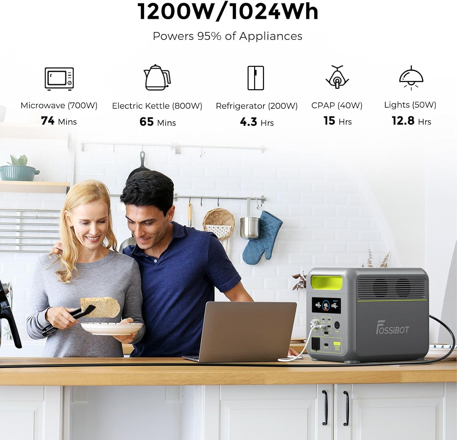 FOSSiBOT F1200 Generateur Electrique Portable 1200W, 1200Wh LiFePO4 Station électrique, 7 Sorties, UPS, BMS, 4000+ Fois, Générateur Solaire pour Camping/Jardin/RV