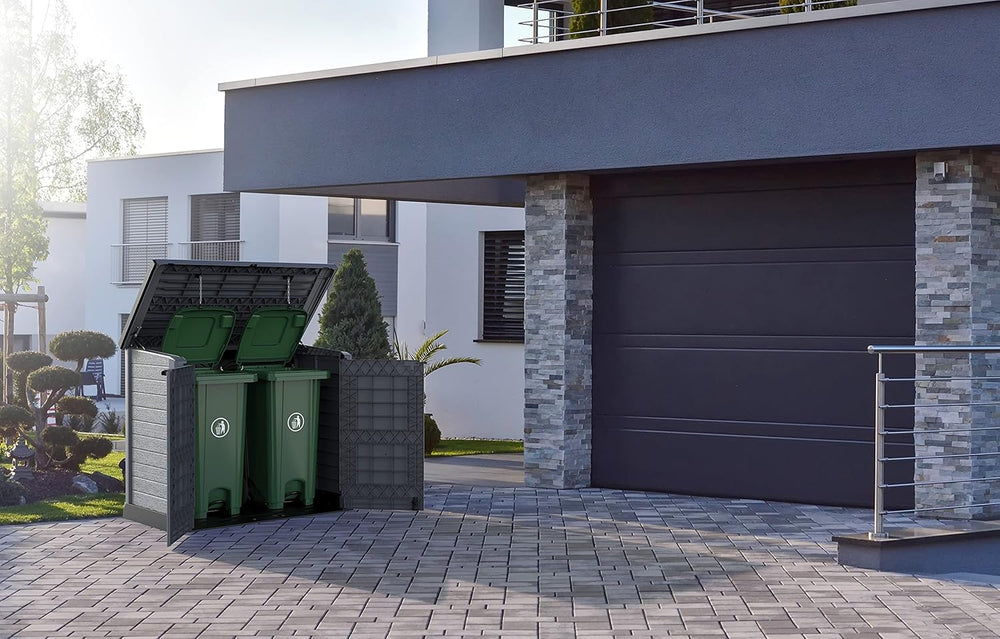 Duramax StoreAway 1200L Plastic Garden Shed/ Flat Lid, Outdoor Storage Shed, Wheelie Bin Hideaways, Wheelie bin box, Durable Construction, Ideal for Bikes, BBQs & 2x 240L Bins, 145x85x125 cm, Brown