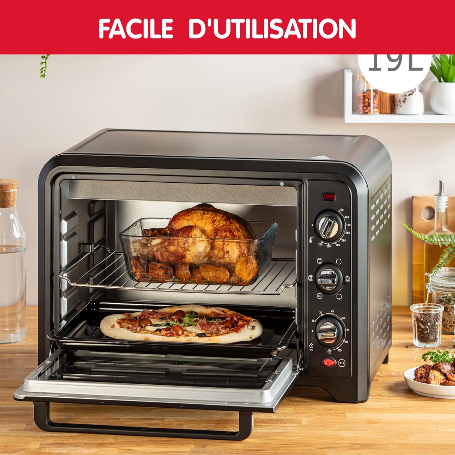 Moulinex Oven, 33 L, Rotating heat, Advanced convection, 6 cooking modes, Thermostat adjustable up to 240°C, Timer 120 min, Reversible grill, Silicone oven mitts, Optimo Black OX464811
