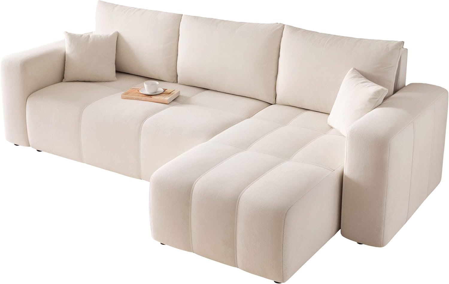 GREKPOL Canapé d'angle Convertible 145x248 à Gauche ou à Droite - Canapé 3 Places Convertible Beige avec Espace de Rangement
