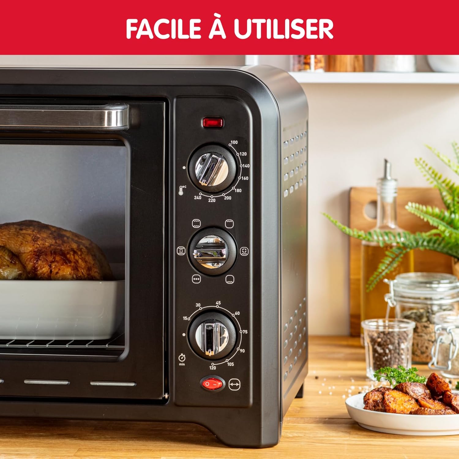 Moulinex Oven, 33 L, Rotating heat, Advanced convection, 6 cooking modes, Thermostat adjustable up to 240°C, Timer 120 min, Reversible grill, Silicone oven mitts, Optimo Black OX464811