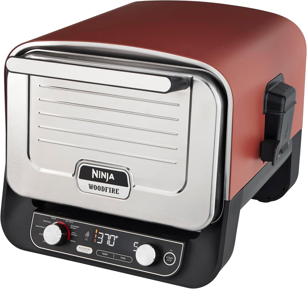 Ninja Woodfire Four à pizza extérieur électrique 8-en-1, rotissoire & fumoir barbecue avec grille, plaque pro-heat, pierre à pizza, granulés de bois et pelle, 6 réglages, orange foncé OO101EU