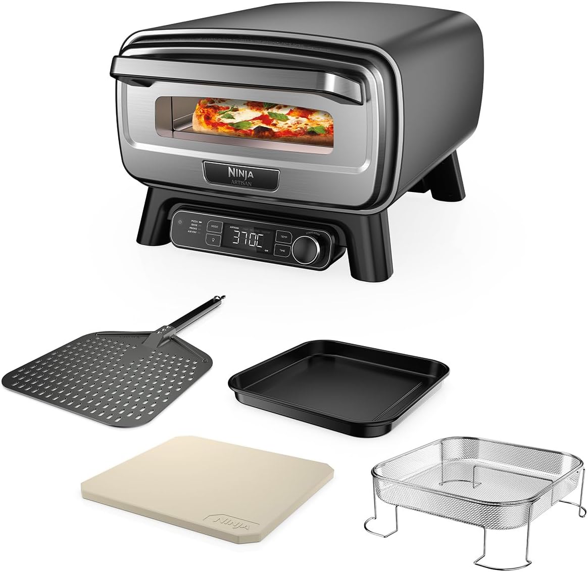 Ninja Woodfire 8-in-1 Electric Outdoor Pizza Oven, Rotisserie & Smoker BBQ with Grate, Pro-Heat Plate, Pizza Stone, Wood Pellets and Shovel, 6 Settings, Dark Orange OO101EU