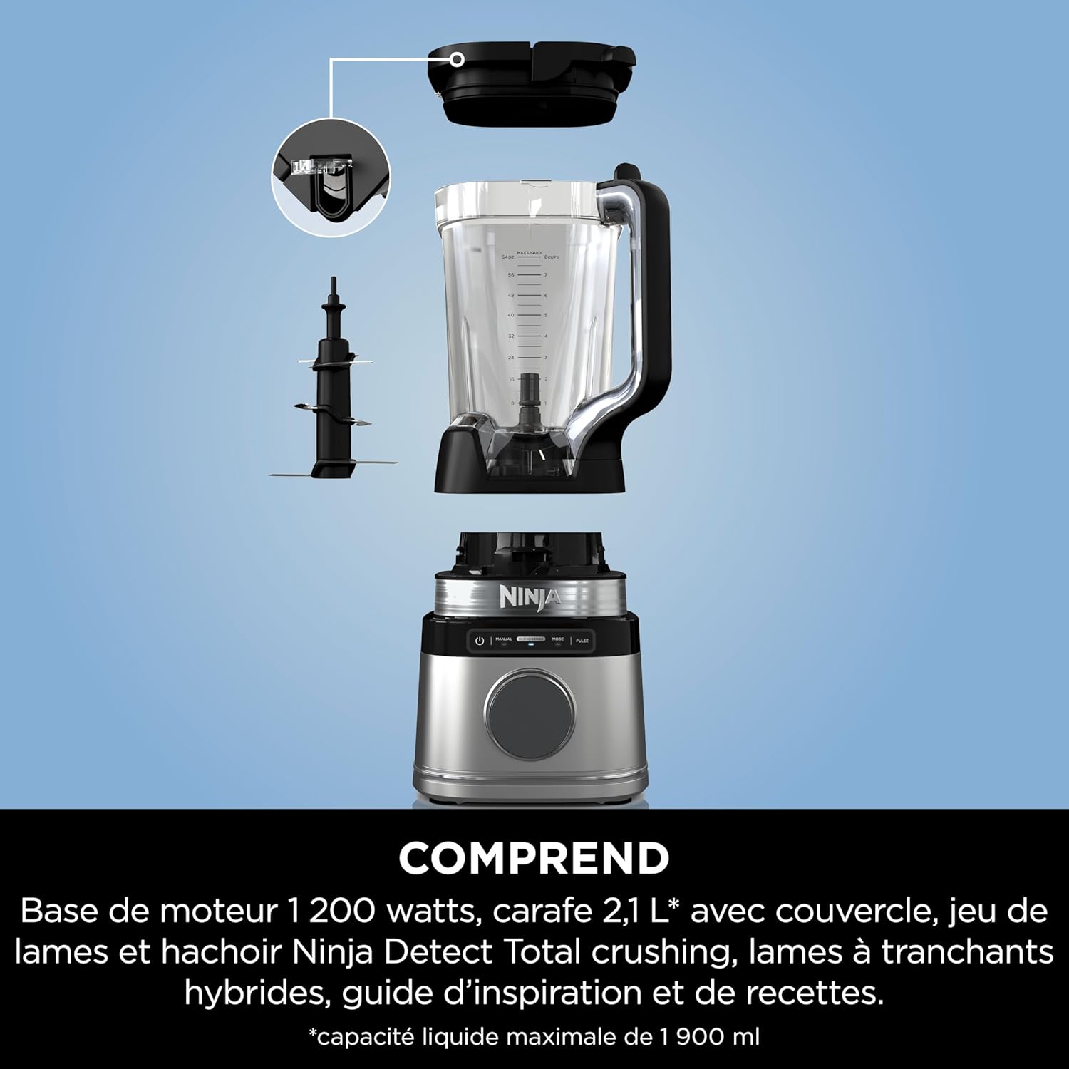 Ninja Detect Power Blender Processor Pro 3-in-1, Blender 1200W, Mixing Bowl, Blender Blade, Individual Cup, Container, Knead, Blender, Chopping & Mixing, Black, TB401EU