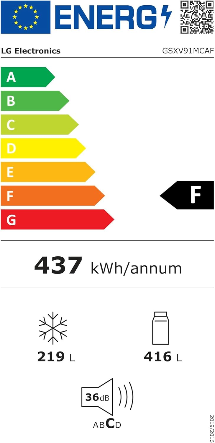 LG GSXV91MCAF Réfrigérateur combiné - Side by Side, 635L, InstaView, Total No-Frost, Compartiment congélation, Distributeur d'eau et glace UVnano, Compresseur Inverter Linear, Wi-Fi, Noir, Classe F