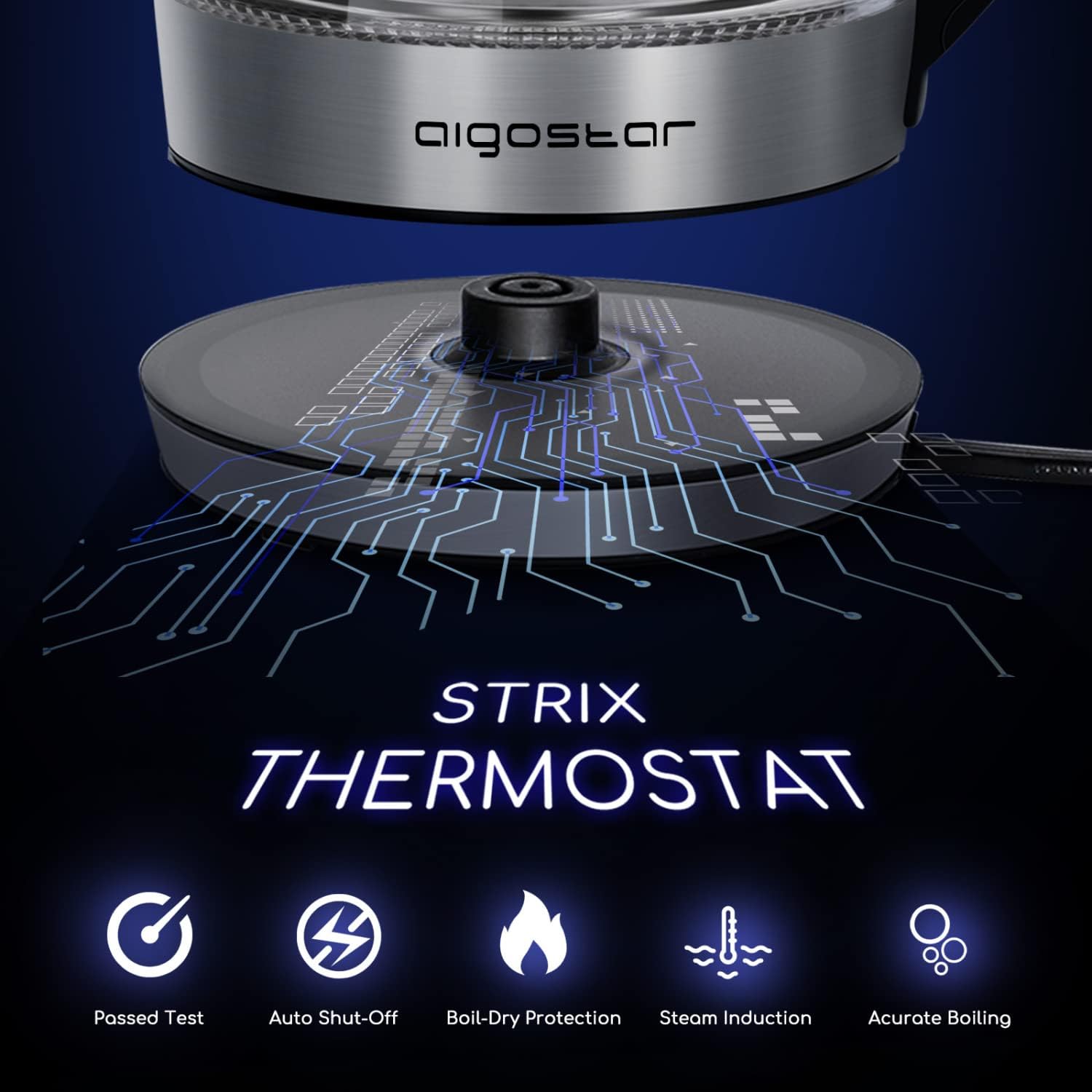 Aigostar Cris - Bouilloire en verre Température Réglable 2200W, 1.7L. Thermostat Réglable (60 à 100ºC) et fonction maintien au chaud, Filtre à thé amovible, éclairage LED de couleurs, Sans BPA.