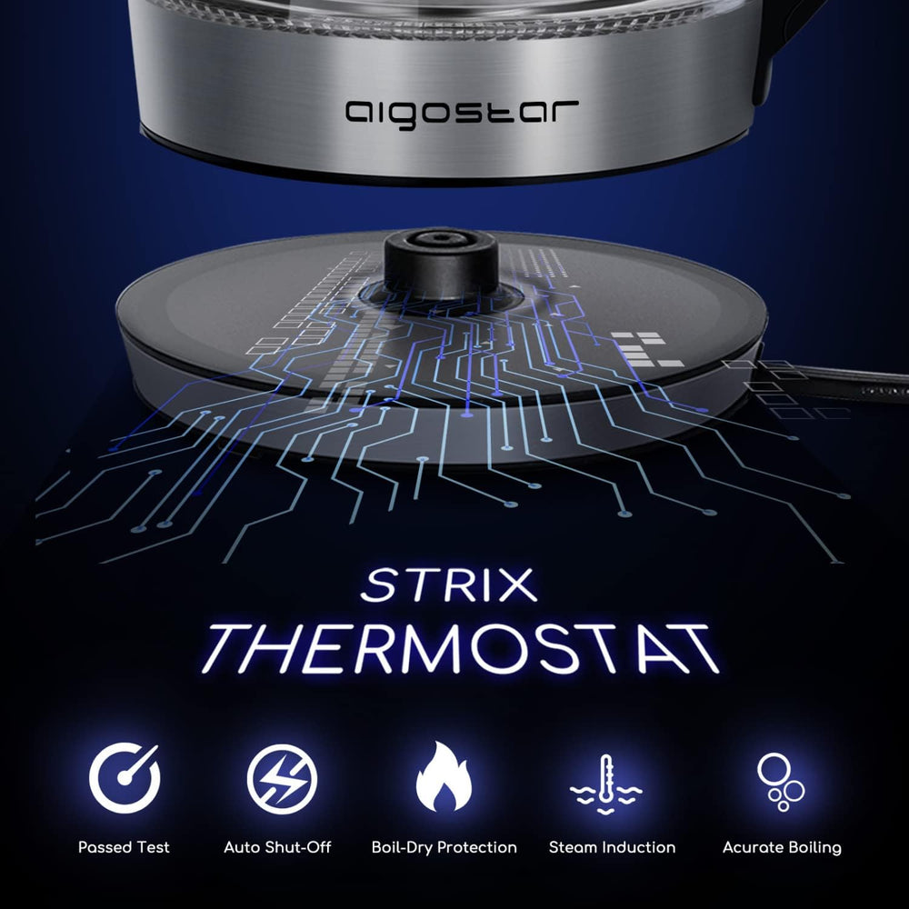Aigostar Cris - Bouilloire en verre Température Réglable 2200W, 1.7L. Thermostat Réglable (60 à 100ºC) et fonction maintien au chaud, Filtre à thé amovible, éclairage LED de couleurs, Sans BPA.