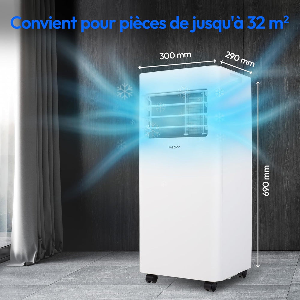 MEDION Smart Climatiseur Mobile P1002 (10000 BTU, 3-en-1, Refroidir, Déshumidification, Ventilation, jusqu'à 34m², kit de joint de fenêtre, mode sommeil, contrôle Wifi, Télécommande, Écran, MD 37733)