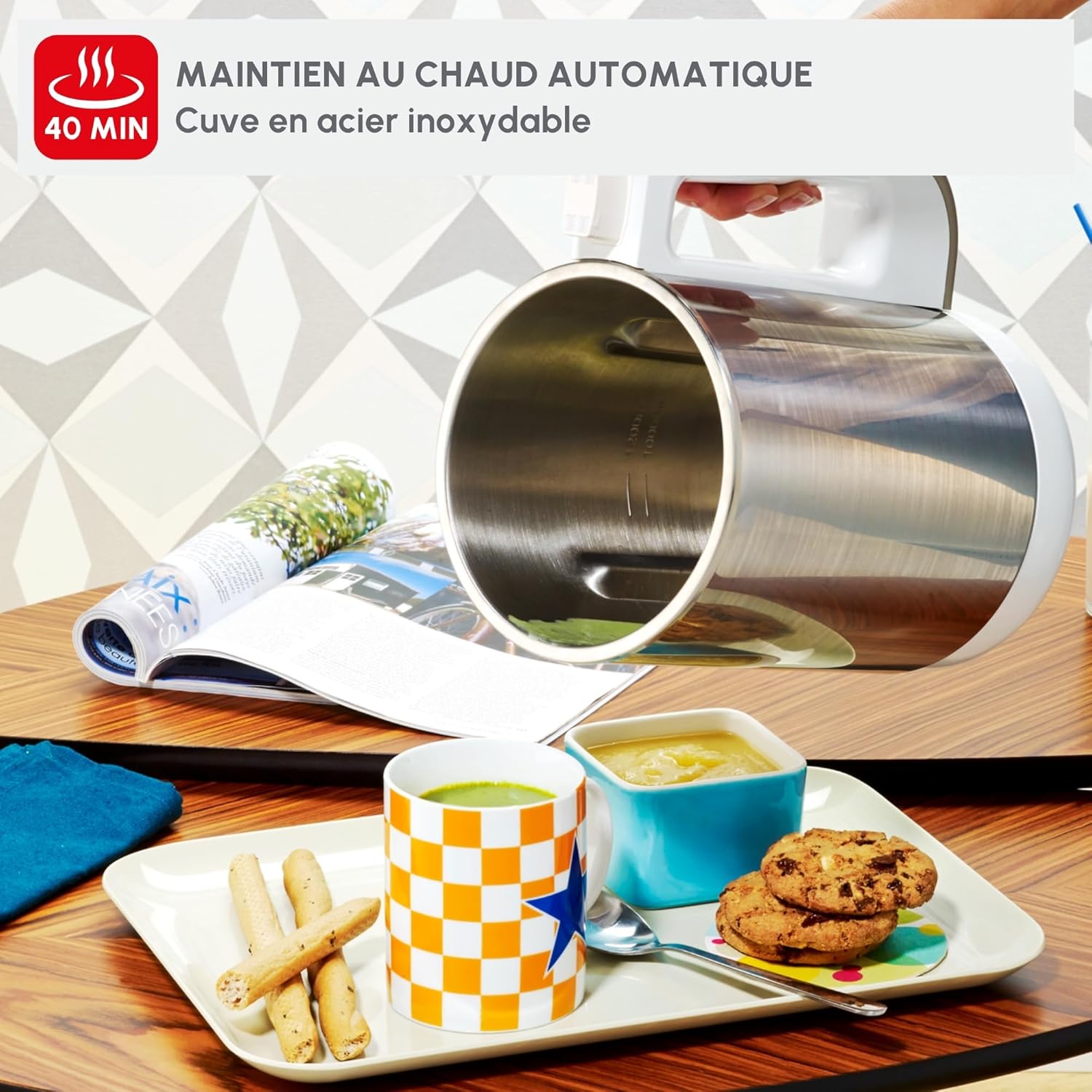 Moulinex Blender chauffant, Mixeur soupe, Puissance 1000 W, Capacité 1,2 L, 5 programmes automatiques, Double paroi, Maintien au chaud 40 min, Livret recettes, Easy Soup, Inox LM841B10