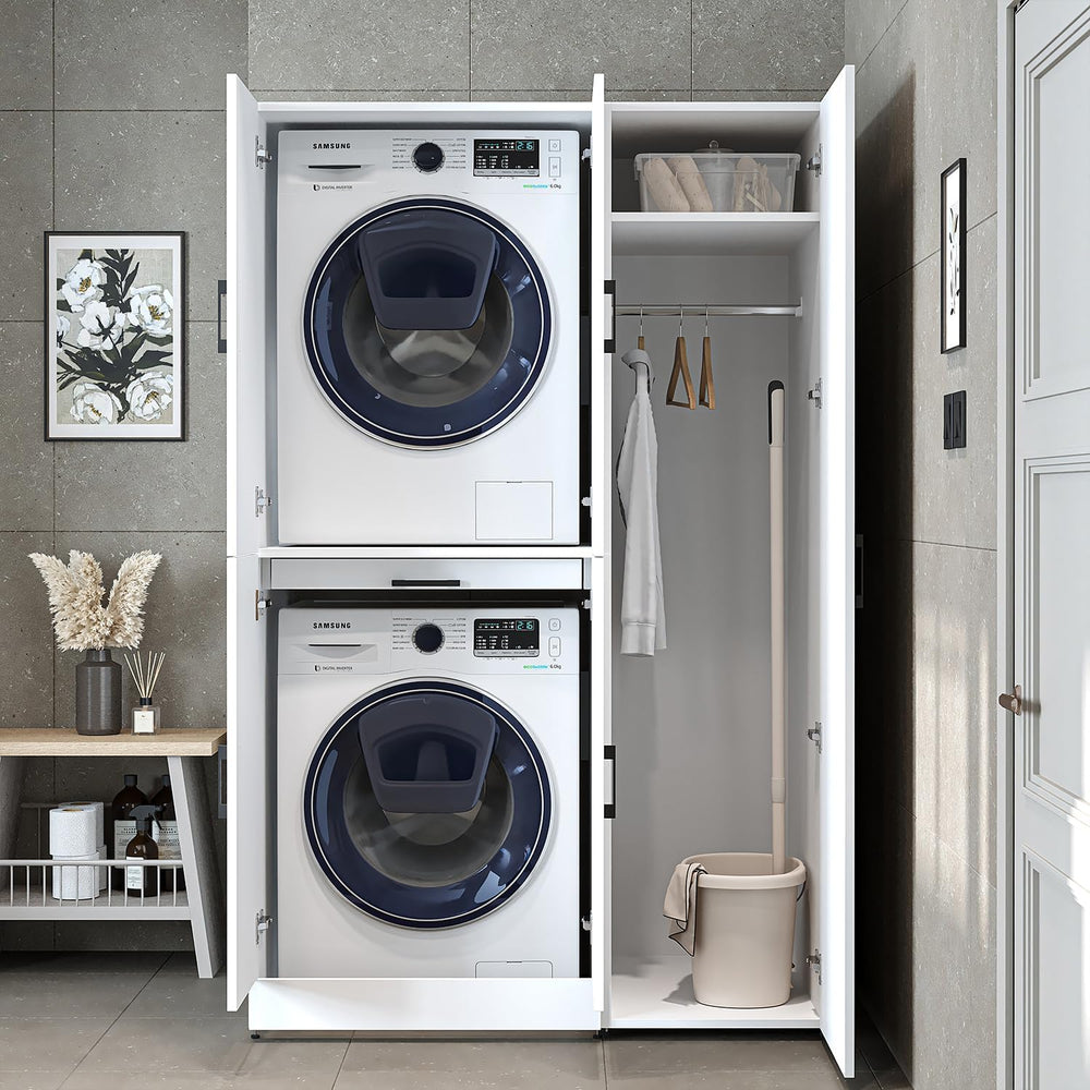 ROOMART Dora - Armoire de machine à laver - Pour sèche-linge et machine à laver - En 4 couleurs - Avec portes et panneau coulissant - Blanc - Chêne blanc - Chêne anthracite - Chêne blanc (chêne blanc)