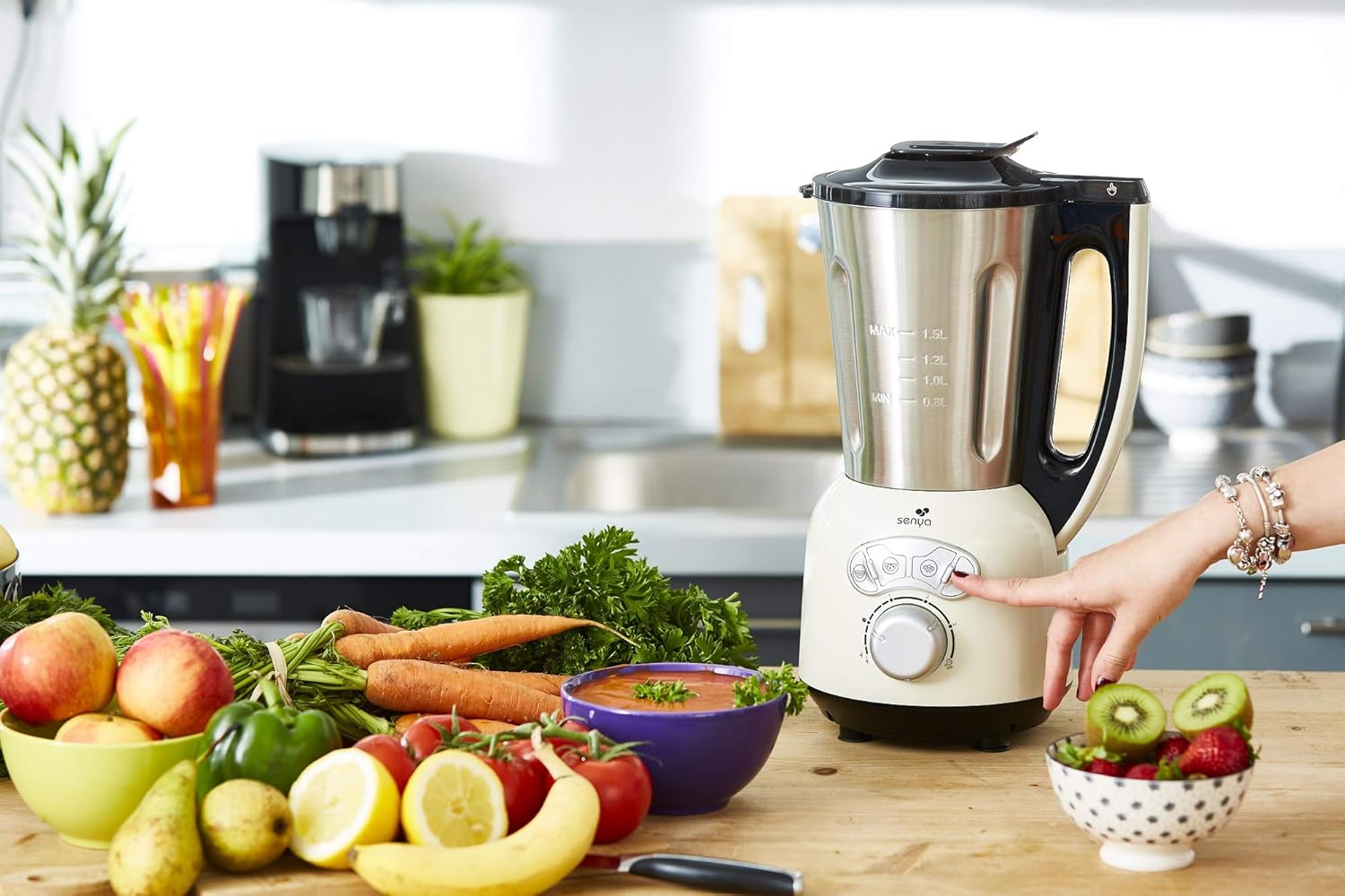 Senya SYCP-HB008R Cook & Ice V3 Red Stainless Steel Heated Blender, Soup Blender/Milled Soup, Steaming, Crushed Ice Smoothies, 1, 5L, 1400W, SYCP-HB008R