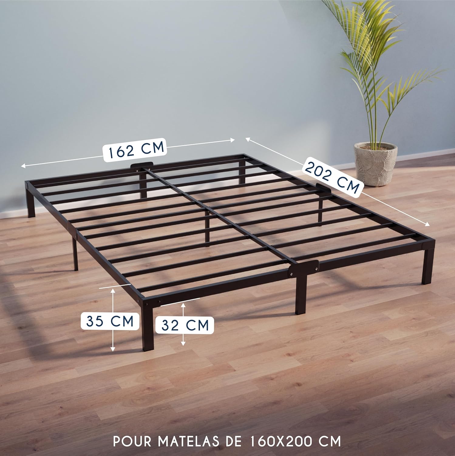Dreamzie Cadre de Lit 160x200 avec Sommier - Sommier 160x200 avec Pieds - Hauteur de 35 cm - Structure Solide, Assemblage Facile et Espace de Rangement