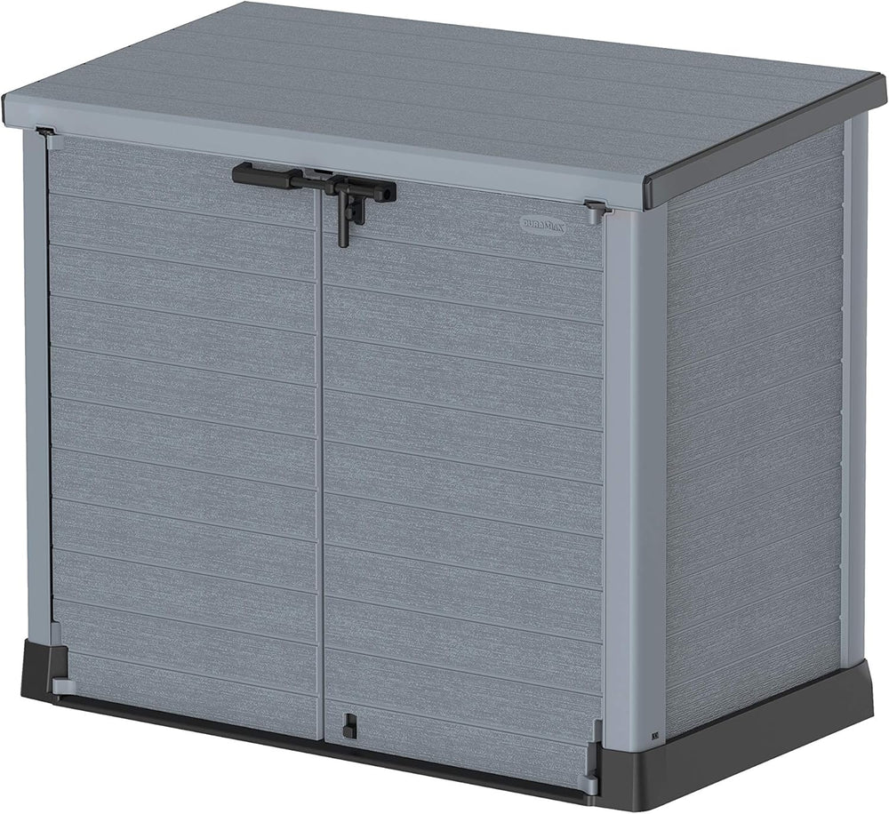 Duramax StoreAway 1200L Plastic Garden Shed/ Flat Lid, Outdoor Storage Shed, Wheelie Bin Hideaways, Wheelie bin box, Durable Construction, Ideal for Bikes, BBQs & 2x 240L Bins, 145x85x125 cm, Brown