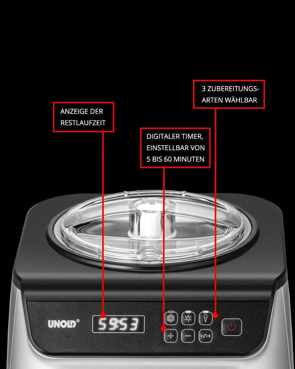 Unold Uno 48825 Sorbetière – Compresseur auto-refroidissant, entièrement automatique, 135 W, refroidissement à -35 °C, écran LCD, récipient en acier inoxydable, minuterie, compresseur