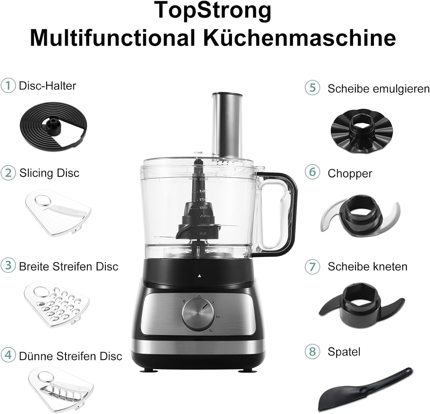 TopStrong Multifunctional Food Processor, 1100 W Multifunctional Food Processor, 11 in 1 Food Processor Included Chopper, Kneader Hook, Blender, Citrus Press and Coffee Grinder, 3.2L Bowl and 1.5L